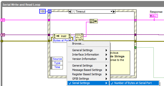 Note Timeout value of 100 ms. VISA Read only if the number of bytes is >0 (not shown).