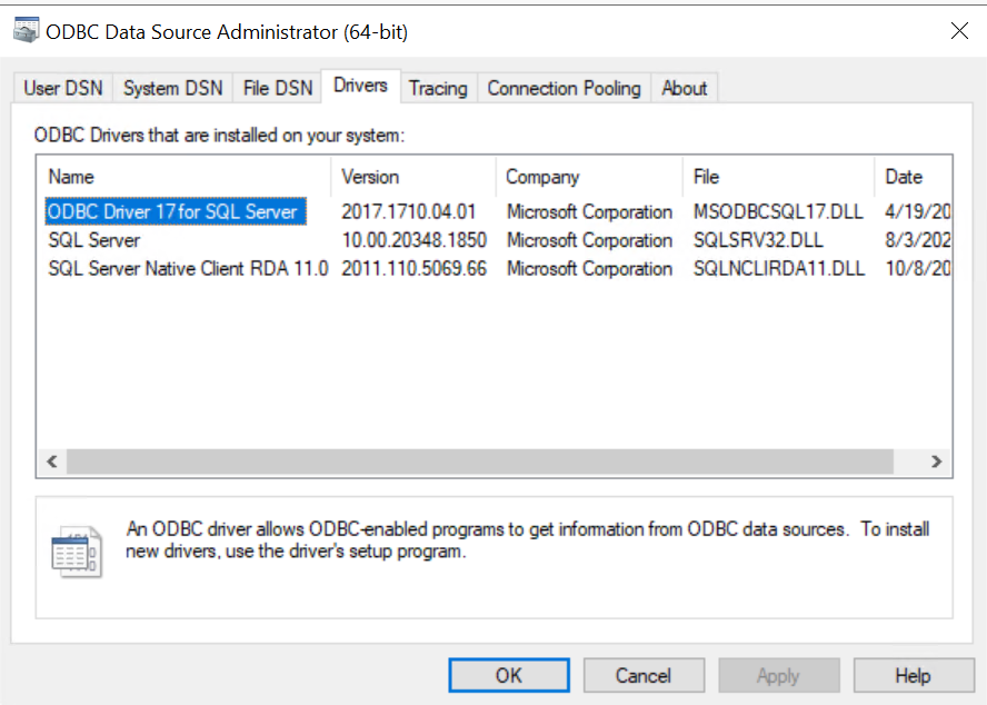 Afbeeldingsresultaat voor odbc data source administrator drivers 64 bit