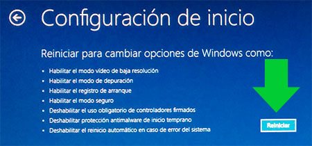 Panel de reiniciar para cambiar opciones de inicio en Windows 8