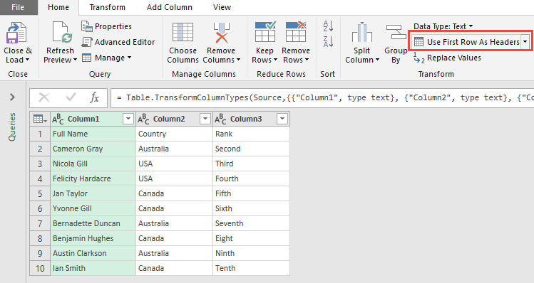 Use First Row as Headers Using Power Query or Get & Transform