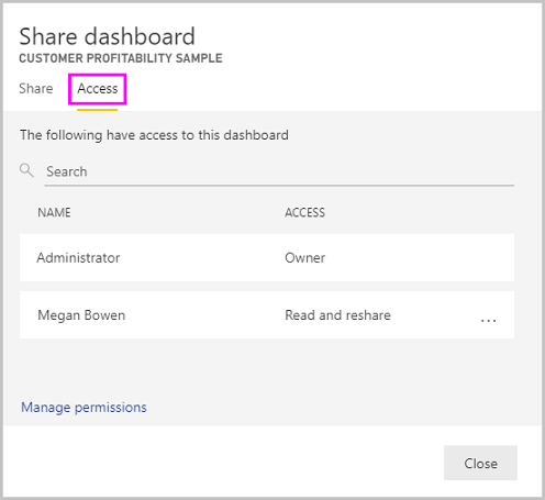 Share dashboard dialog box, Access tab