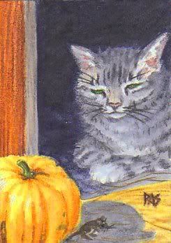 ACEO TW Barn Cat Pumpkin and Mouse