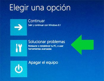 Panel de Elegir una opción de recuperación en Windows 8