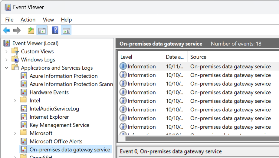 On-premises data gateway event logs