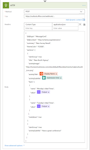 Microsoft Flow action for HTTP Post to Teams Incoming Webhook