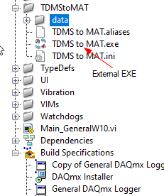Project Window where external EXE has been dragged into the project