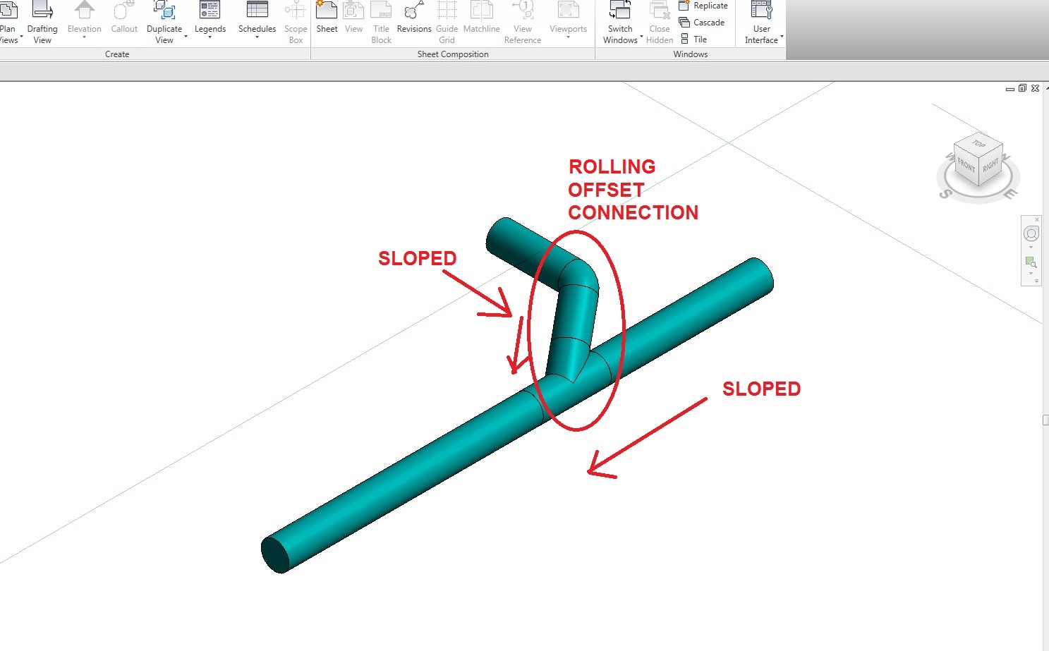Rotate pipe and fitting based on center line of pipe 