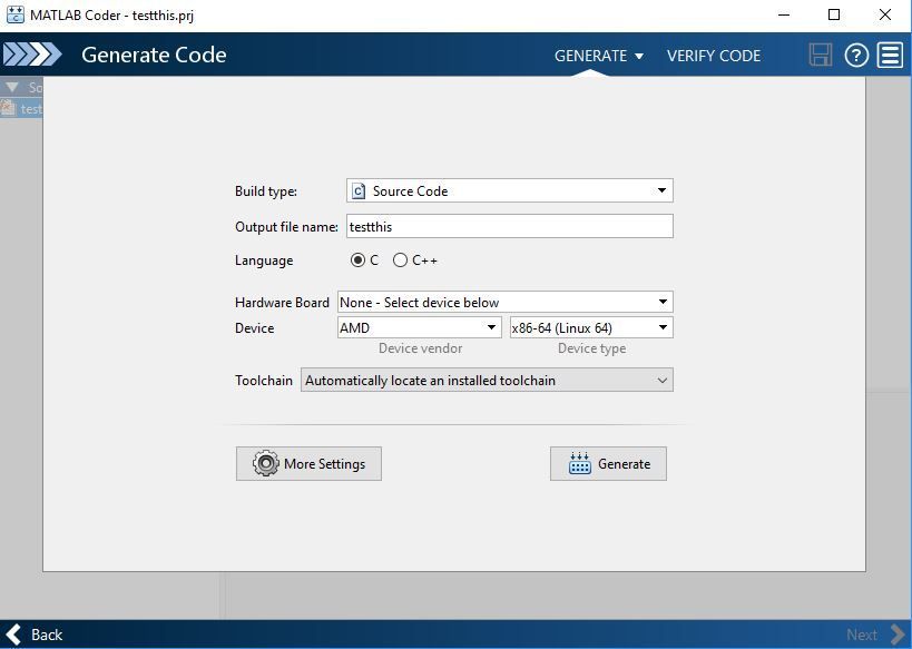 An example of using the Matlab Coder to select the target platform